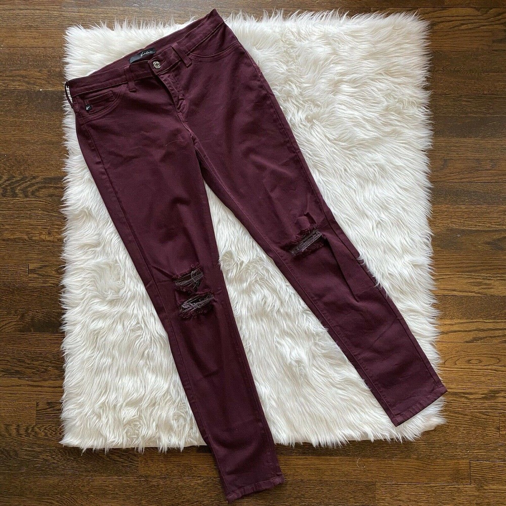 Kancan Stretch Skinny Pants Cut KC1654 Women’s Sz 29 Maroon Burgundy Distressed